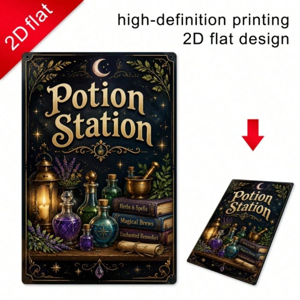 Vintage 2D Potion Station Tin Sign, Crescent Moon Witch Decor, Metal Plaque for Bedroom Wall