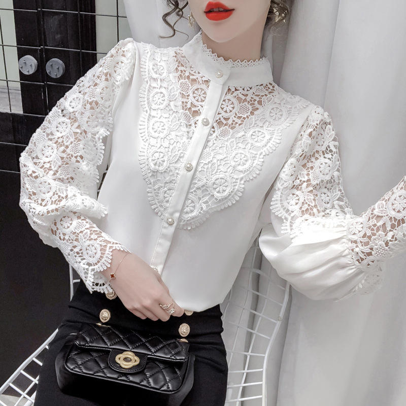 Frauen Spitze Blusen Blütenblatt Hülse Frauen Bluse Chic Taste Aushöhlen Blume Spitze Patchwork Weißes Hemd Top Weibliche Kleidung