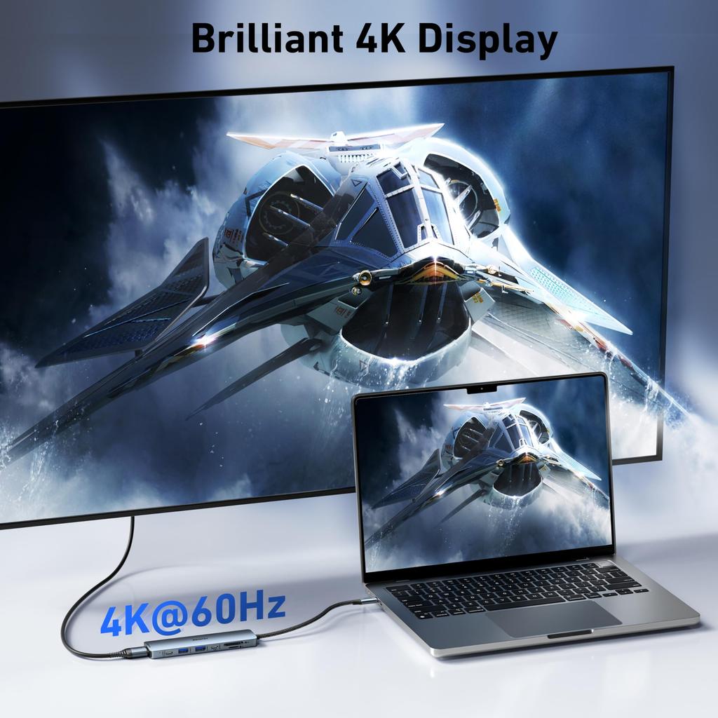 BENFEI Hub with HDMI 2 Data 100W Card Silicone Cable Prevents Tangles and Is Compatible with MacBook iPad and iPhone 15 7-in-1 USB-C 4K@60Hz, USB-A,