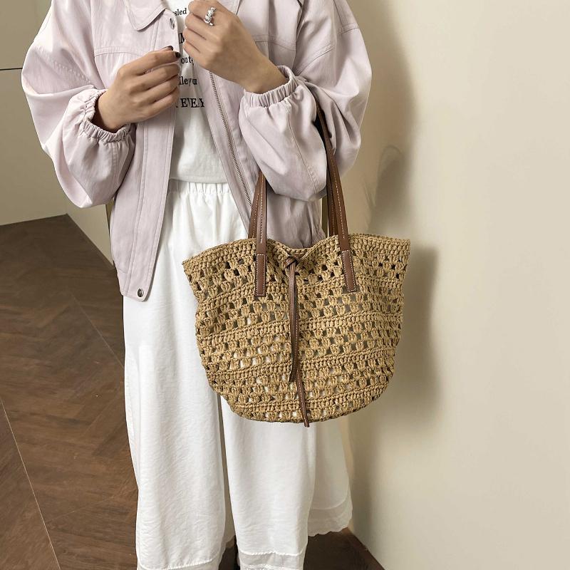 

Crochet Hollow Out Straw Tote Bag With Leather Handle Large Capacity Beach Bag Casual Shoulder Purse Vacation Boho Woven Handbag