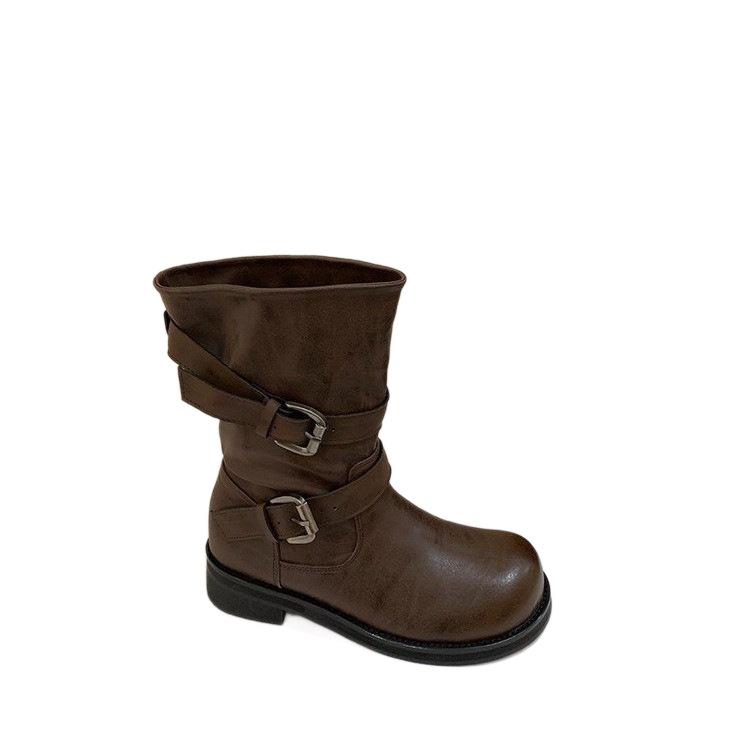 Retro style belt buckle locomotive boots women's thick heel medium boots thin versatile knight boots western boots summer women's boots