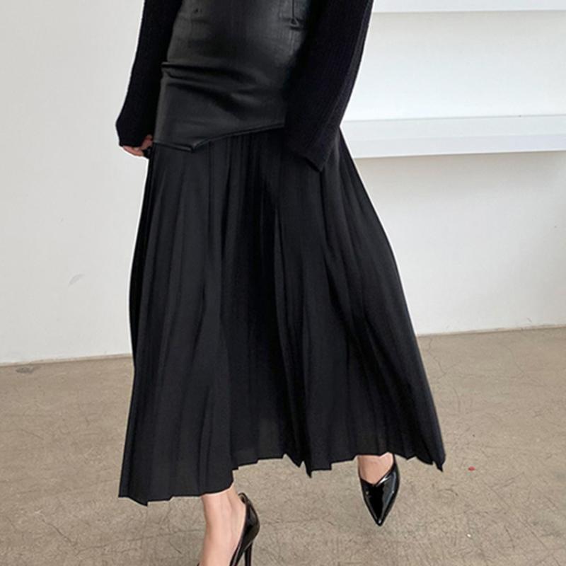 Ležérní patchworková sukně Pu sukně pro ženy s vysokým pasem Midi skladané sukně Dámské jarní módní oblečení Elegantní a elegantní dáma