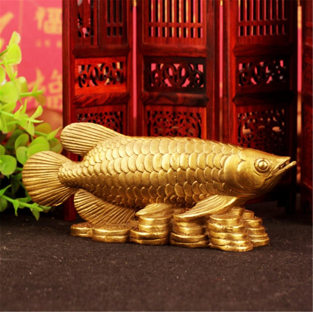 Copper Arowana Dragonfish Figurine, Feng Shui Item, Good Luck Charm, Folk Craft, Business Success, Prosperity, with Red String Bracelet