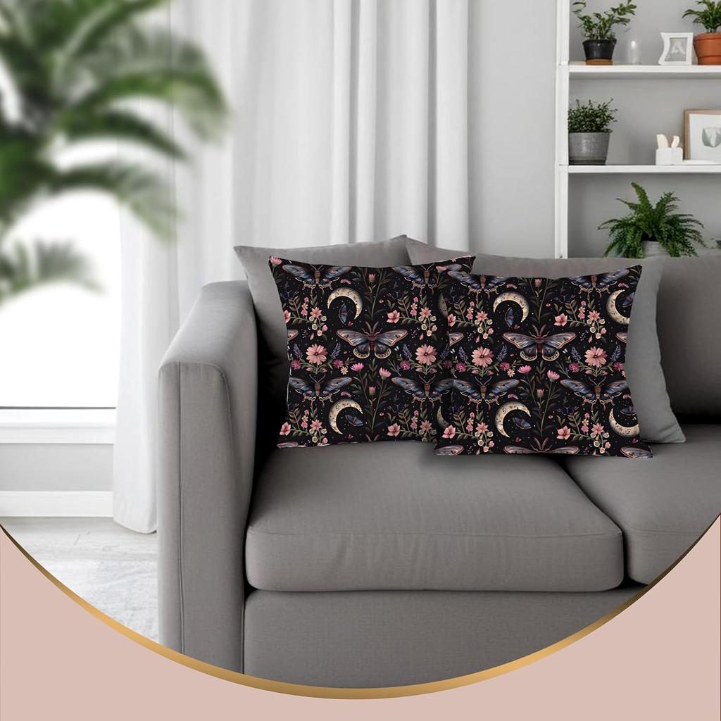 Gothic Moth Butterfly Pillow Covers 18x18 Set of 2, Dark Academia Witchy Moon Celestial Pillow Covers for Couch, Gothic Home Decor,Witchy Decor