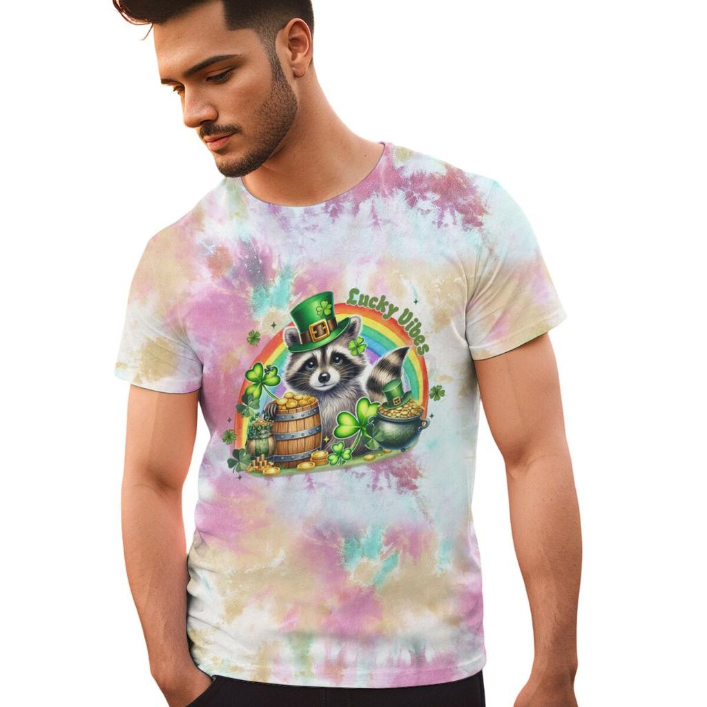 St Patricks Day Raccoon Shirt Lucky Vibes Short Sleeve Round Neck Tee Cartoon Lucky Raccoon St Patricks Day Unisex TShirt