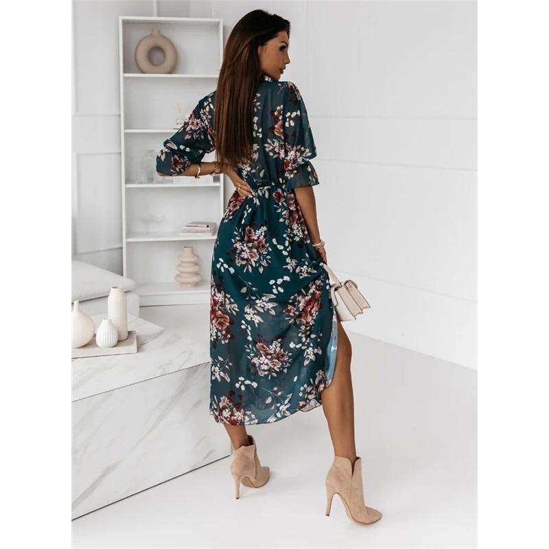 Women's Summer Dress Long Sleeve V-neck Side Slit Printed Long Dress