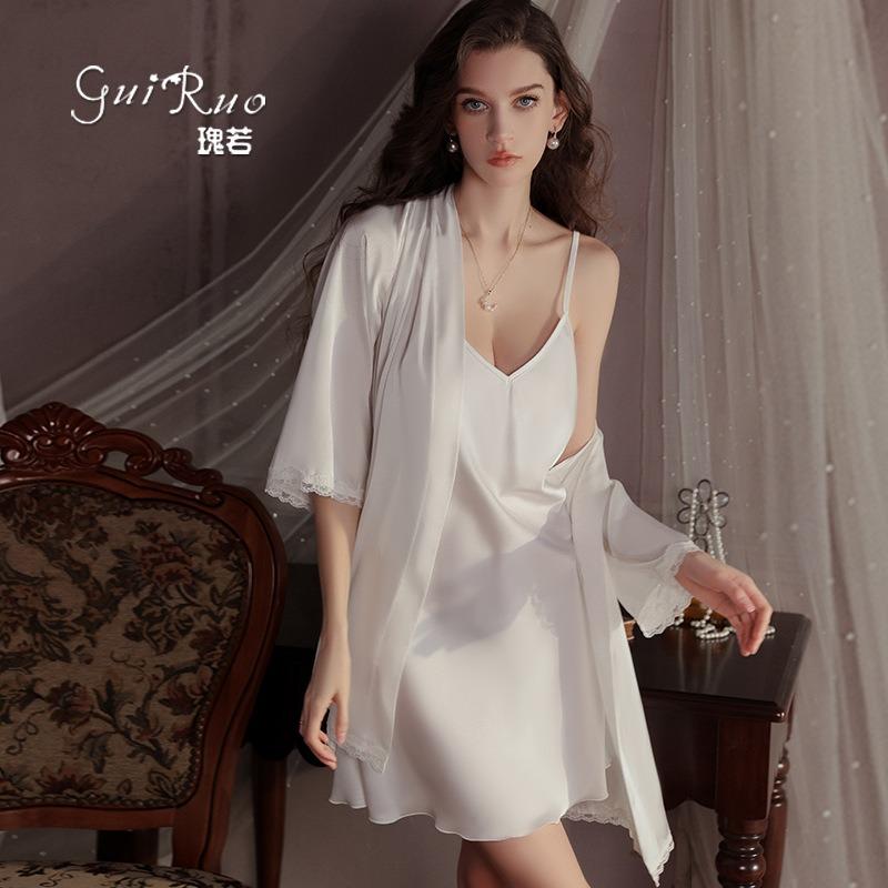 Sweet Smooth Satin Underwear Sexy Deep V Plus Chest Pad Pure Desire Nightdress Robe Loungewear Set