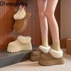 Winter Platform Flats Women Fur Lining Snow Boots Concise Round Toe Slip On Shoes Ladies Comfort Warm Cotton Short Booties