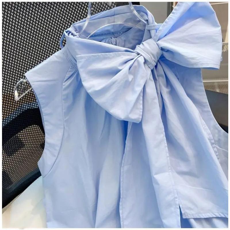 Blouse Blanche Femme Blouses Femme Mode Nœud Sans Manches Ample Chemises Mode Douce Été Blouses