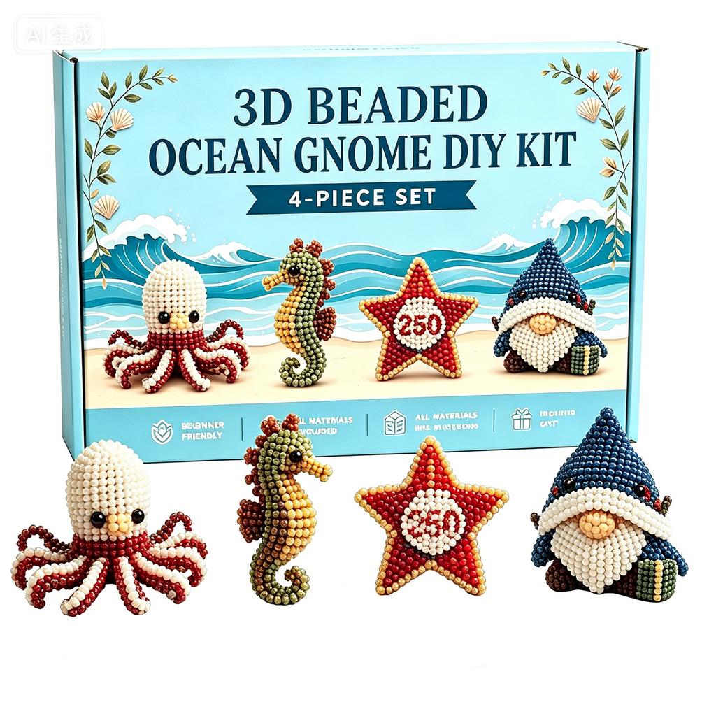 3D Beaded Ocean Gnome DIY Kit 4 Piece Set Includes Octopus Seahorse Starfish and Gnome Figures for Crafting and Decoration