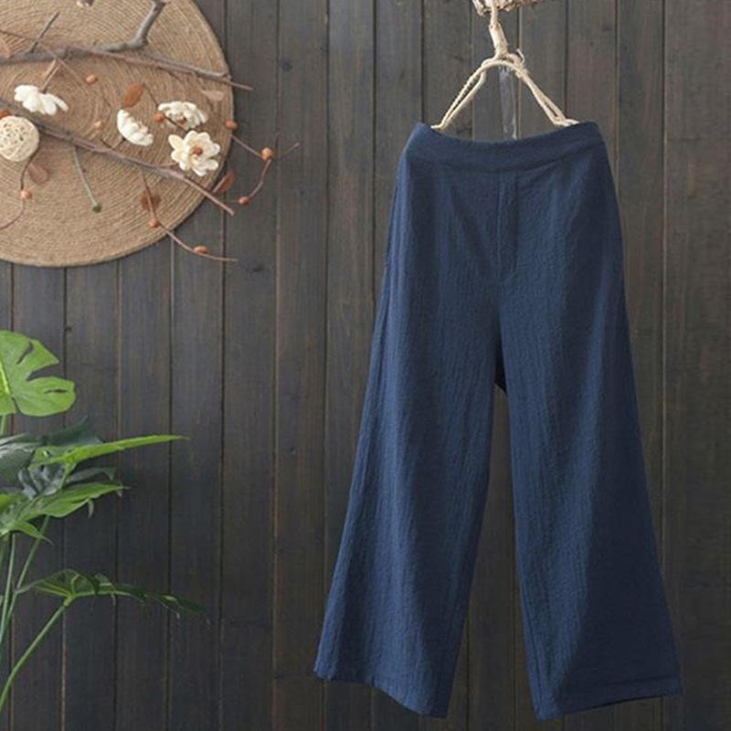 Fashion Casual Women Wide Leg Pants Elastic Waist Cotton Line Thin Loose Summer Cropped Pants Ladies High Waist Plus Size Elegant Trousers 1099