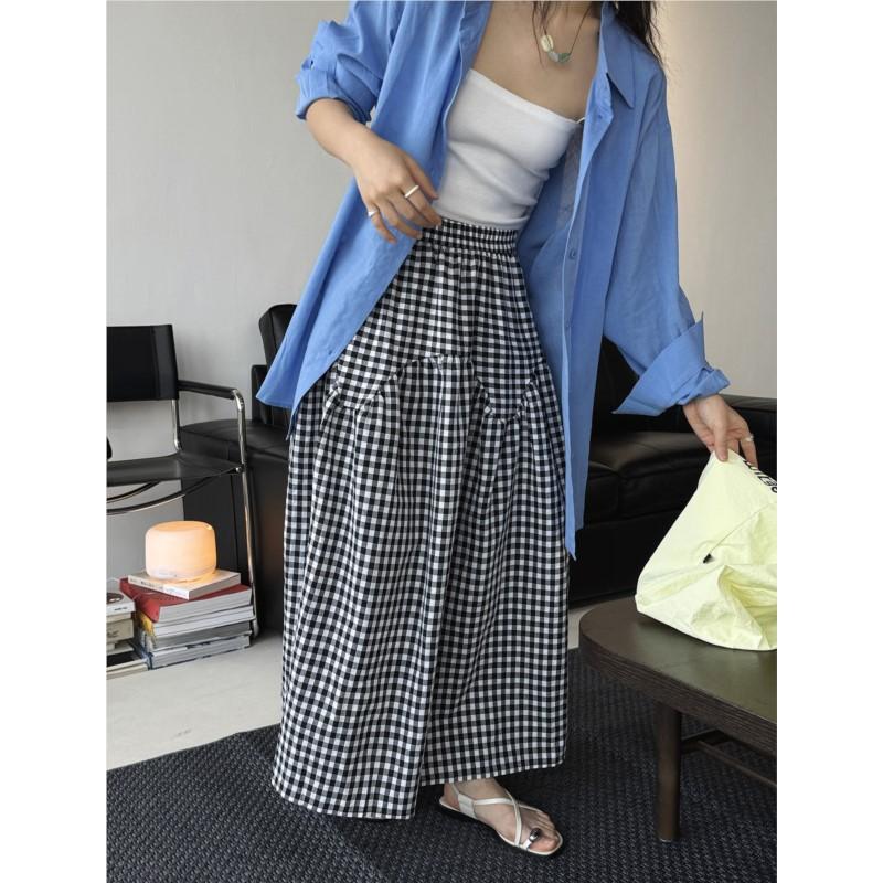 Johnature Koreanischer Retro-Plaidrock mit Stickerei Lässig Schlicht Vielseitig Sommer Drapierter Langer Rock Damen