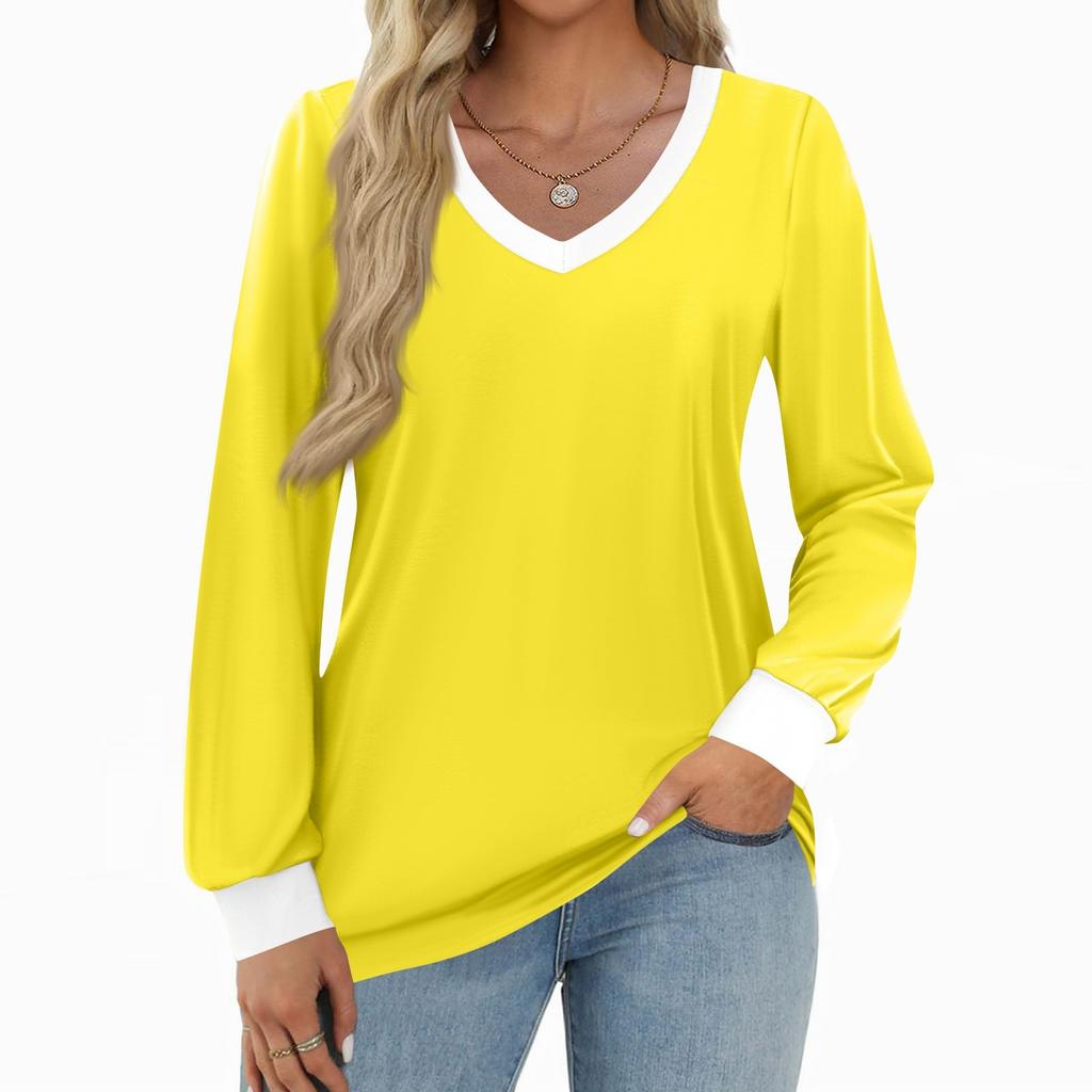 Women's Fashion Casual Long Sleeve Color Block Shirt Women's V-Neck Tops