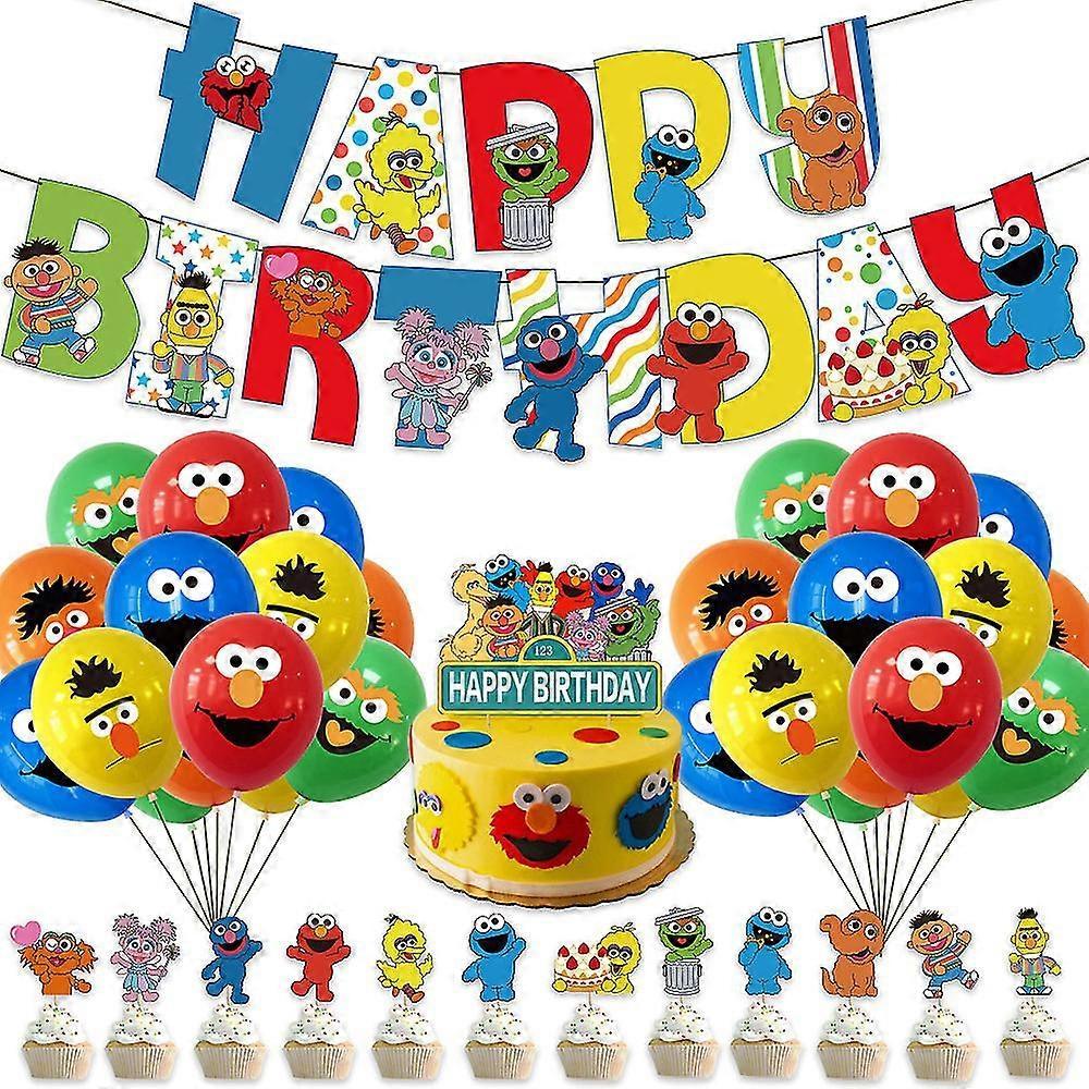 Sesame Street Themed Birthday Party Decorations Paper Banner Pull Flag Cake Insert Card Balloon Set