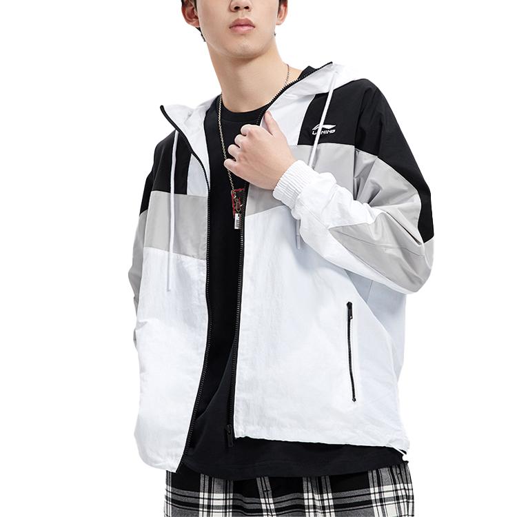 Li-Ning Sports Fashion Series Color Block Hooded Drawstring Loose Jacket Autumn Men Outerwear White AFDQ045-1