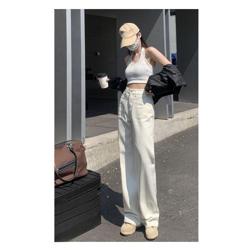 Women High Waisted Beige Straight Leg Jeans Spring Autumn Korean Style Wide Leg Pants Slim Fit V Line Stitching