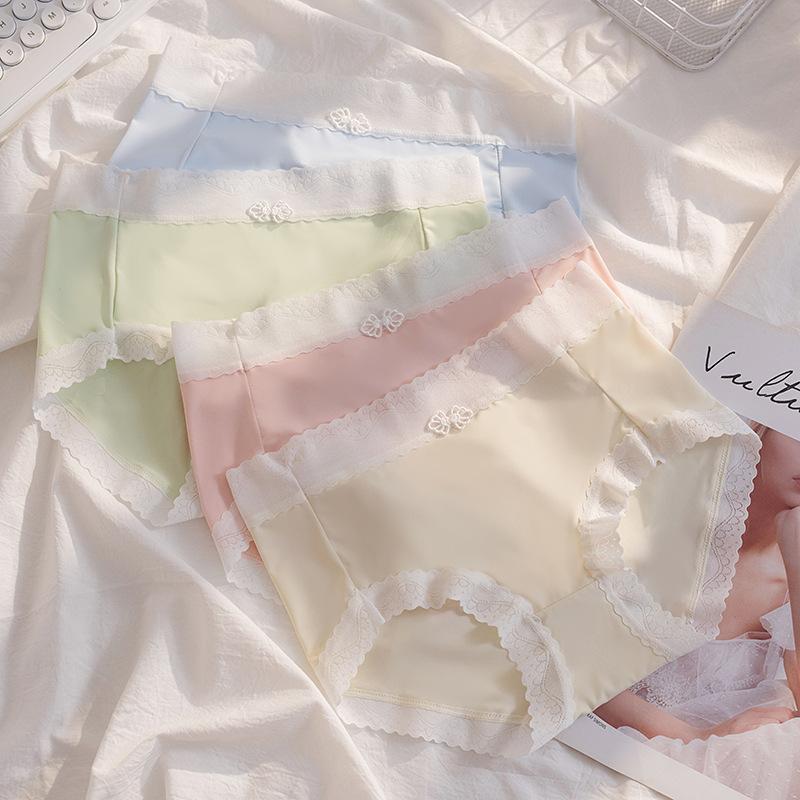 Women's Cute Ice Silk Panties Soft Breathable Lace Trim Briefs Underwear