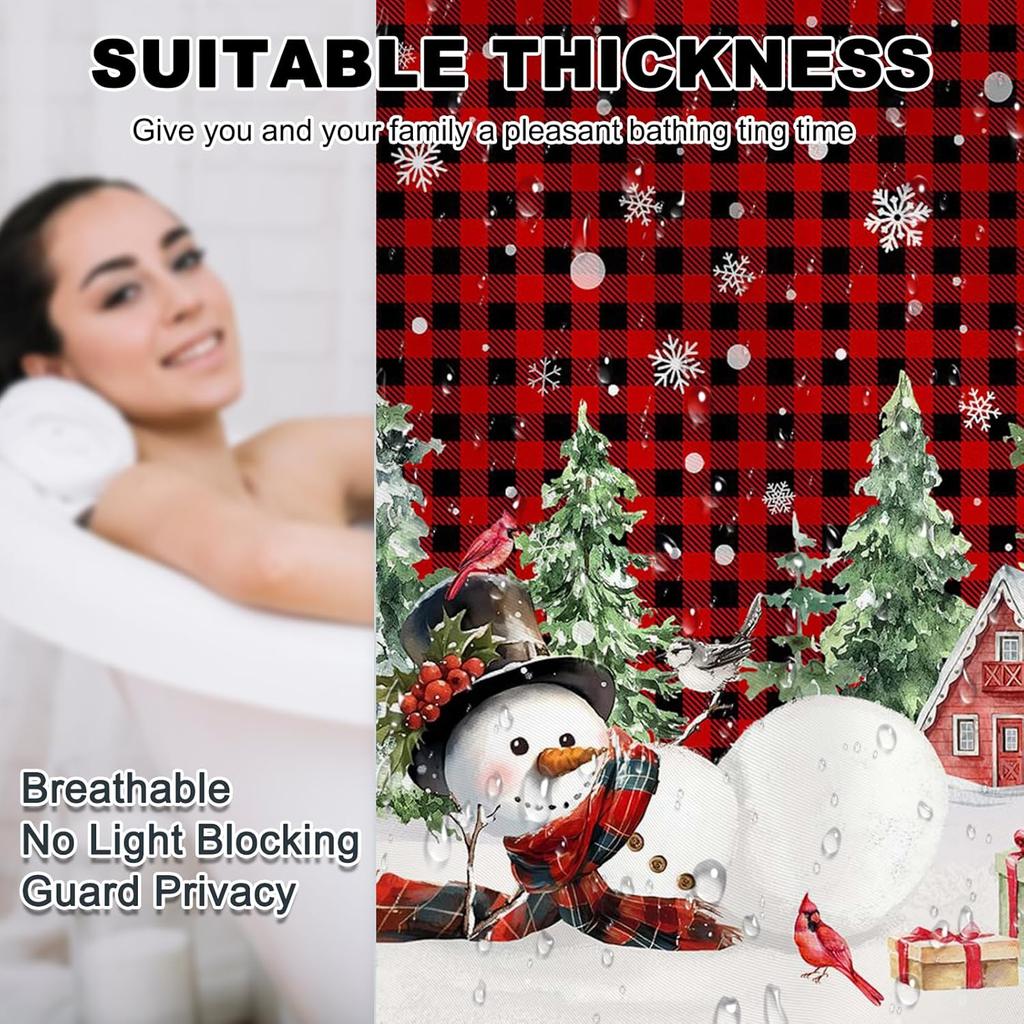 Merry Christmas Shower Curtain Cute Snowman Shower Curtain With 12 Hooks Red Buffalo Check Plaid Xmas Trees Winter Snowflake