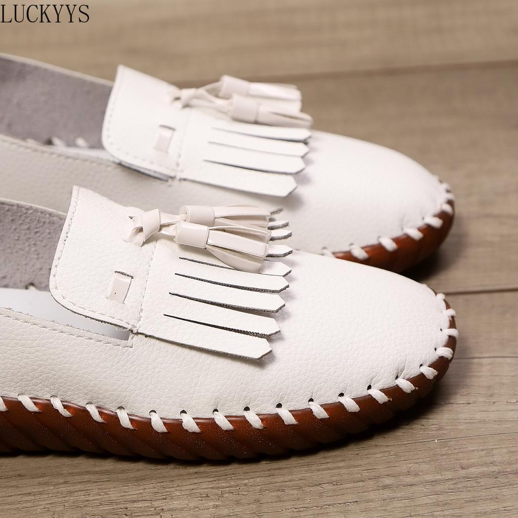 Fashion Tassel Loafers Pure Hand-sewn Bottom Round Head Casual Single Shoes Women's Soft Sole Solid Color One-pedal Shoes Large Size