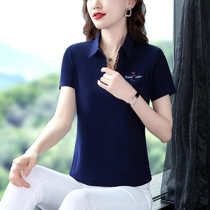 

YYFS Женская мода Повседневная Летняя Весна Однотонный Принт Короткий Рукав Воротник ПОЛО Блузки и Рубашки XXXL