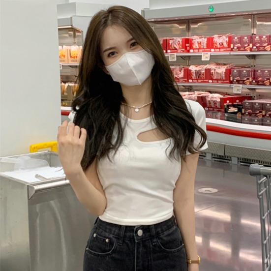 Top decupat de vară, cu gât în ​​U, cu mâneci scurte, pulover de culoare solidă