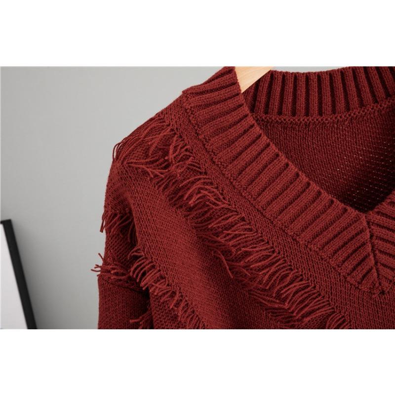 Loose Knitted V-neck Lazy Fringed Sweater Women's 2025 Autumn New Fashion Foreign Style Inner Top