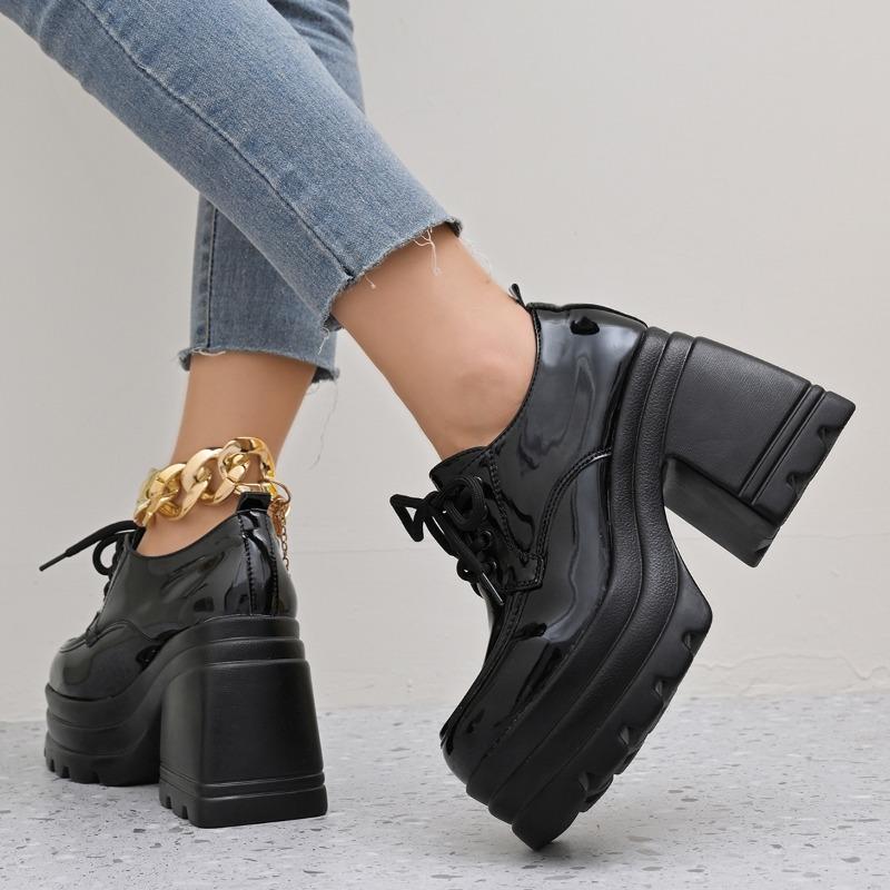 Fashion New Style Gothic Chunky High Heels Loafers for Woman New Leather Platform Loafers Female Solid Color Thick Heeled Lolita Shoes
