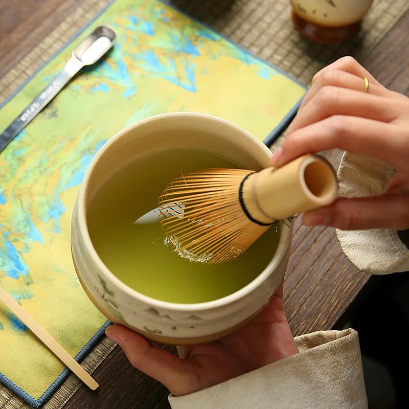 4PCS Japanese Matcha Tea Set Bamboo Whisk Scoop Ceramic Matcha Bowl Traditional Indoor Handmade Tea-making Tools Birthday Gift