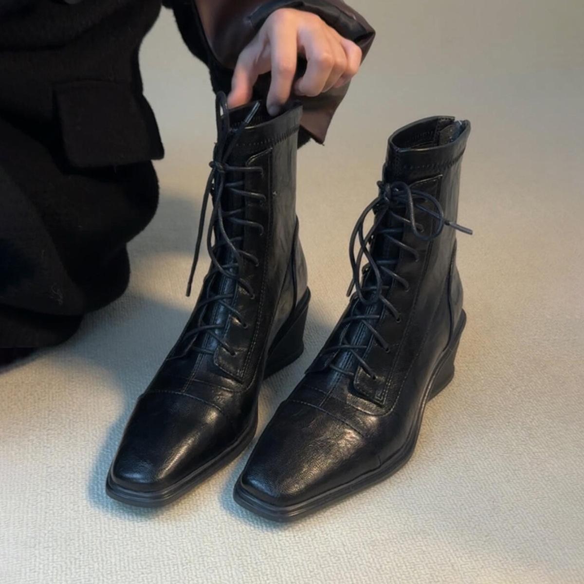 

Washed cowhide wedge heel thick bottom heightening leather elastic thin boots women s head leather boots retro versatile short boots 40