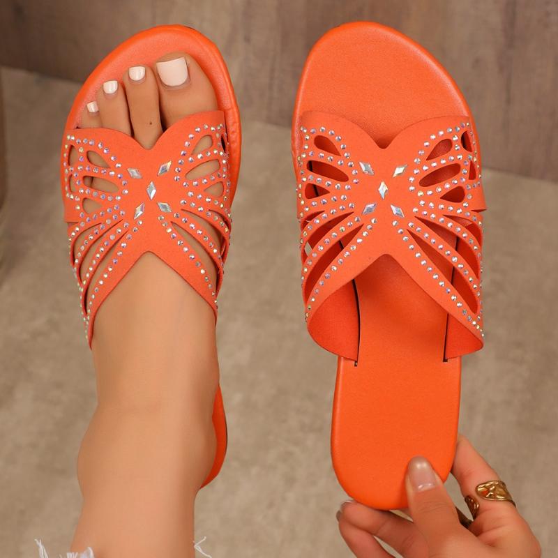 Women Slippers Rhinestone Butterfly Hollow Flat Shoes Ladies Beach Sandals Plus Size Solid Color Slippers Slides Women