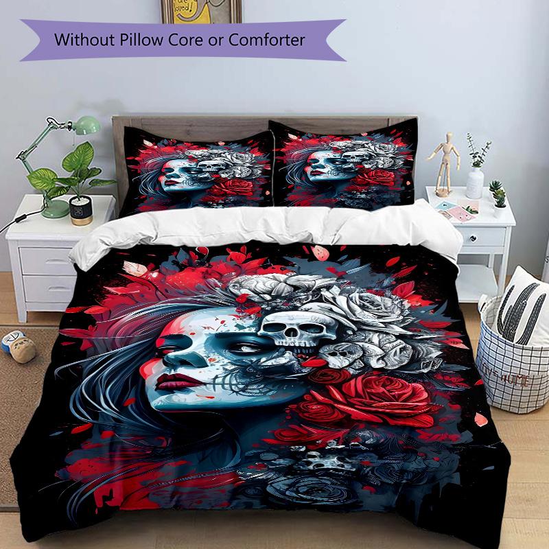 

3pcs Day of the Dead Quilt Cover Set - Soft & Comfortable Polyester Fabric, All-Season Breathable Comforter Set For 1 Quilt Cover & 2 Pillowcases 135x200cm