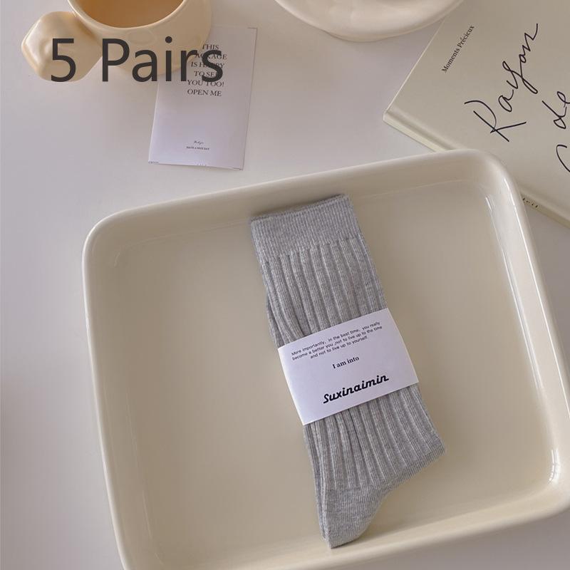 5 Pairs of Women's Spring and Autumn Trend 100 Match Sweat Absorption Solid Color Vertical Striped Mid Tube Socks