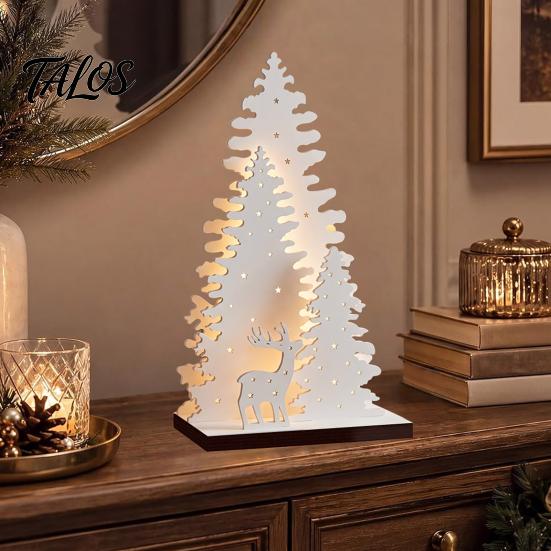 Creative Holiday Gifts Vintage Wooden Christmas Tree, LED Lighted Tabletop Centerpiece Decorations, Festive Home Party Supplies Winter Reindeer
