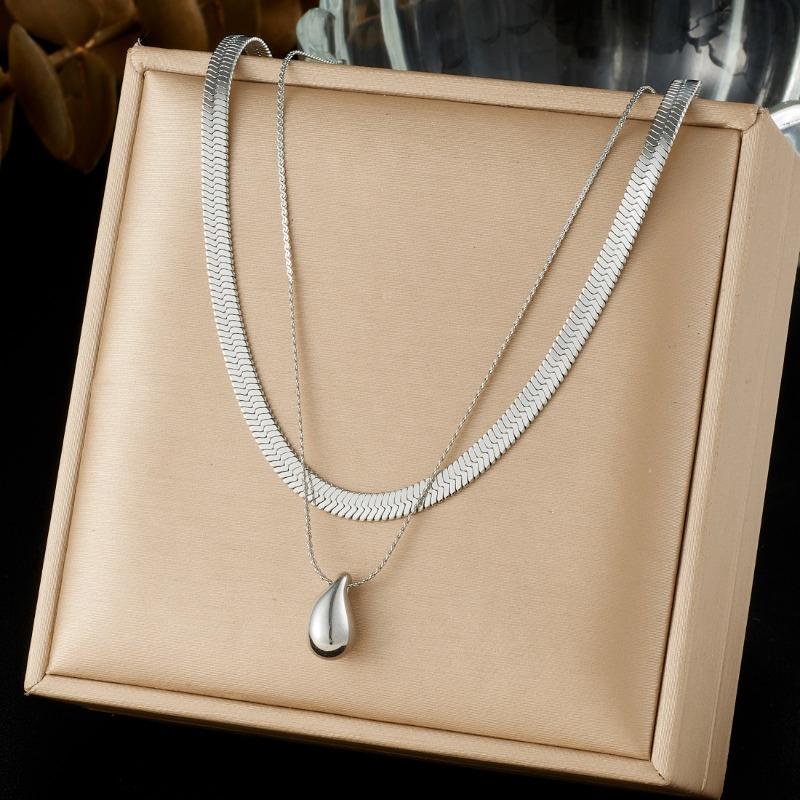 Gold Plated Layered Herringbone Chain Teardrop Pendant Necklace серебряный