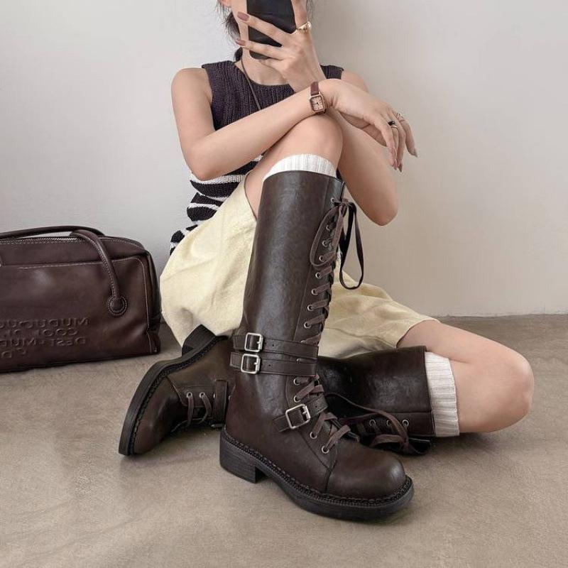 Herbst- und Winter Damen Leder Ritterstiefel dicksohlige rutschfeste Gummisohle Schnürung mittlerer Absatz Übergröße Damenstiefel neue hohe Stiefel