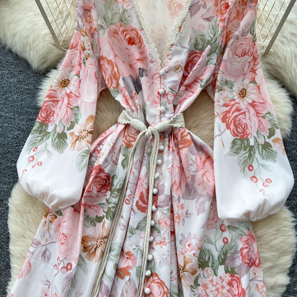 Spring Bohemian Floral Maxi Dresses for Women Runway Cross V-Neck Long Lantern Sleeve Sashes Beach Holiday Dress Boho Robes