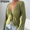 WTEMPO Green Beige Lace-Up Women's Shirts Summer New Bodycon Long Sleeve Blouses Ladies Fashion Pleated Tops Female Clothing 2023