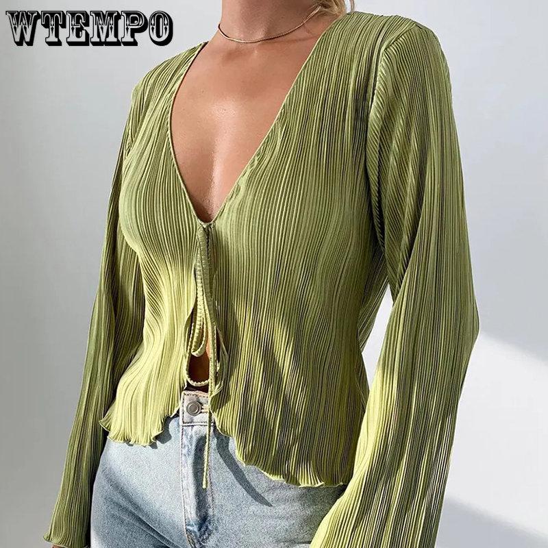WTEMPO Green Beige Lace-Up Women's Shirts Summer New Bodycon Long Sleeve Blouses Ladies Fashion Pleated Tops Female Clothing 2023