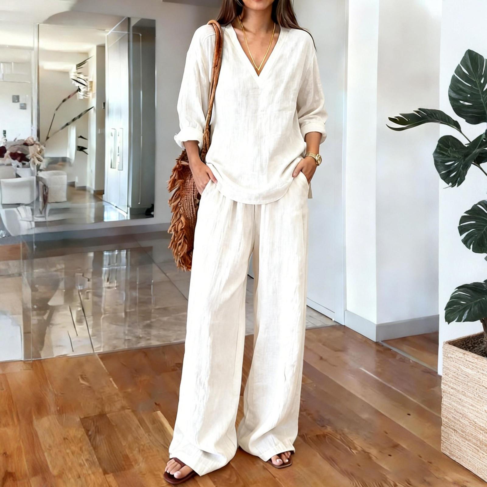 

Жіночий комплект з двох предметів - однотонний бавовняно-льняний топ з довгими рукавами та V-подібним вирізом, повсякденні штани прямого крою L білий