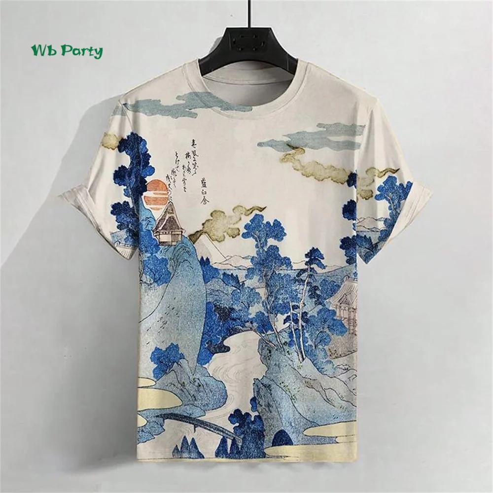 Zomer Rond Hals 3D Japanse Ukiyo-e Patronen Print Top Modieuze Casual Korte Mouw Heren T-shirts