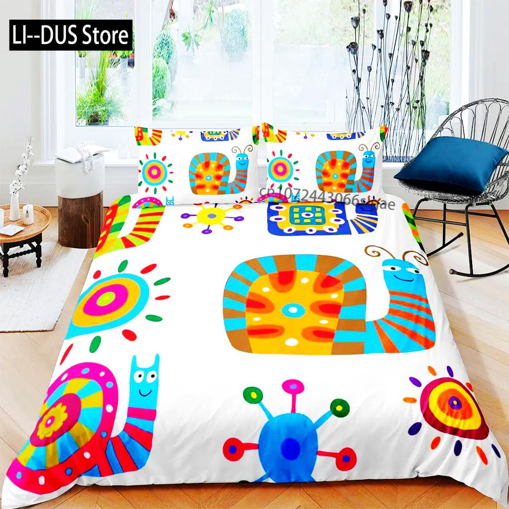 Colourful Snail Duvet Cover Set Cute Kawaii Animal Polyester Bedding Set Comforter Cover King Queen Size For Kids Boys Girls