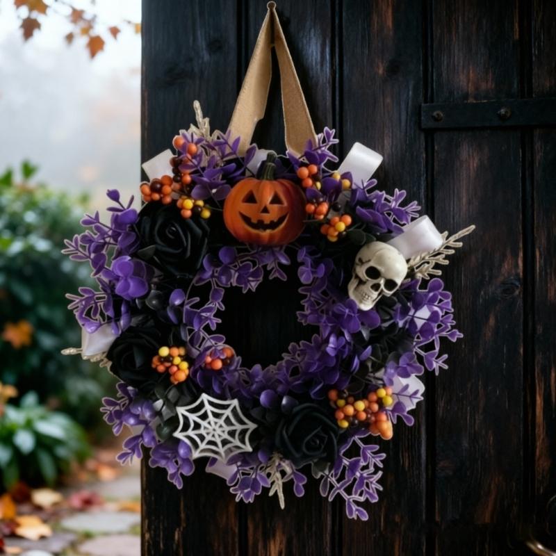 Artificial Flower Halloween Wreath Artificial Pumpkin Skull Spiderweb Wreath Hanging Decoration for Front Door Wall or Party Display