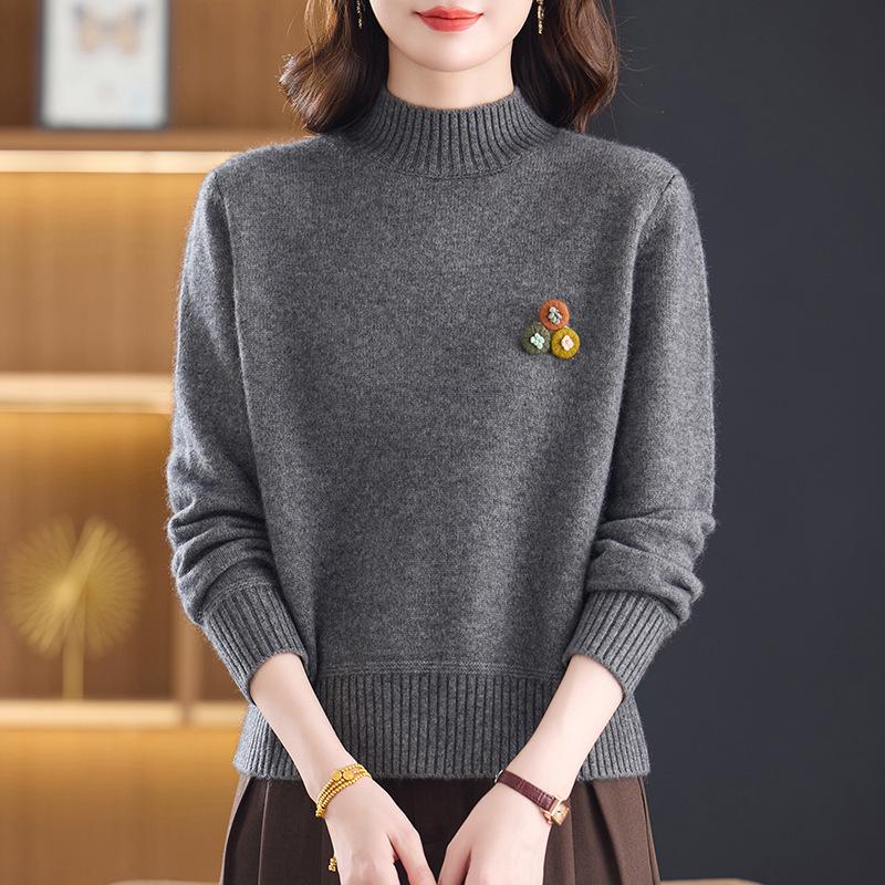 New Pure Wool Sweater for Middle-Aged & Elderly Women - Stylish, Warm, Half-High Collar, Thickened for Autumn/Winter