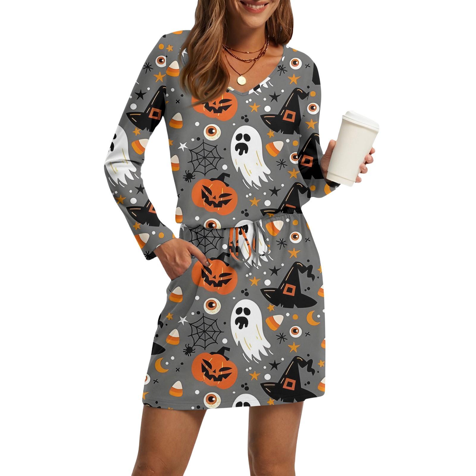 

Женские модные платья с V-образным вырезом, длинным рукавом, кулиской, карманом и принтом на Хэллоуин S