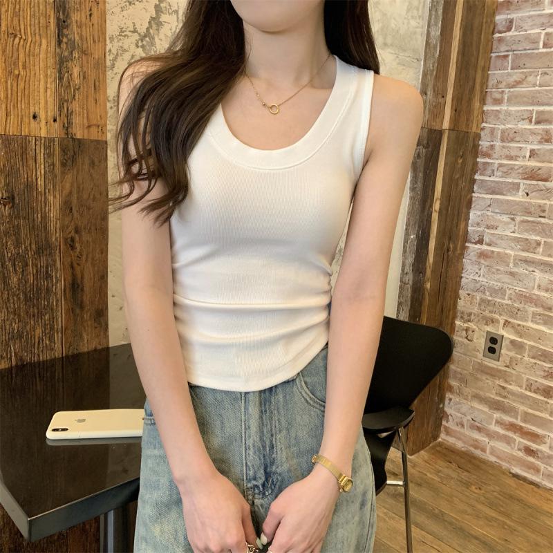 Korean Style Slim-Fit Cotton U-Neck Pleated Summer Tank Top for Women