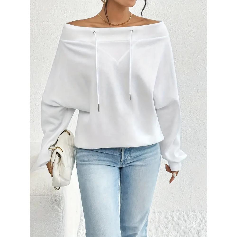 

New Women s Loose and Casual Drawstring Off-the-shoulder One-shoulder Top XXL білий
