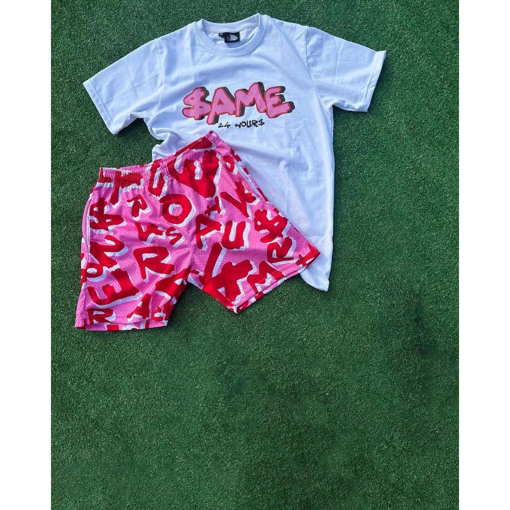 Fashion Men's Summer Set Sportswear 2-piece Set Short Sleeve O Neck Printed T-shirt Shorts Men's and Women's Shorts Set