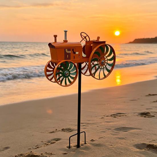 Garden Wind Spinner Kinetic Tractor Wind Sculpture with Rotating Wheels Outdoor Metal Windwill with Stake for Flower Bed Lawn Patio