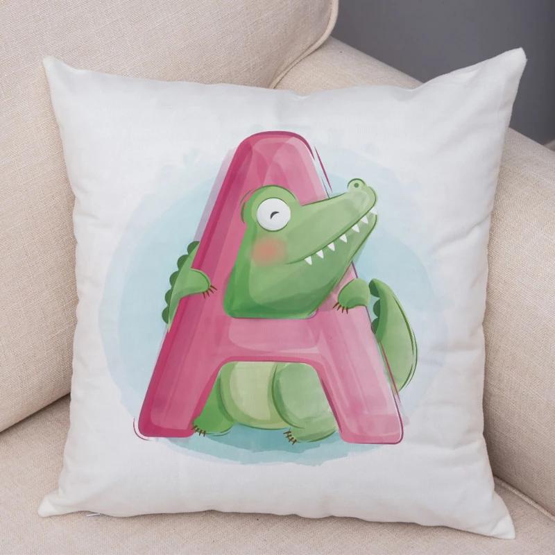 Cute Cartoon Cushion Cover Water Color English Letter Print Pillow Case Soft Animal Print Pillowcase For Children Room Decor