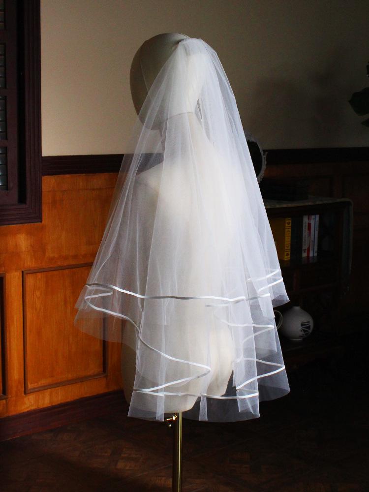 V853 European & American Satin Edge Double Layer Bridal Veil: Super Fairy White, Puffy Wedding, Travel Photoshoot Headwear